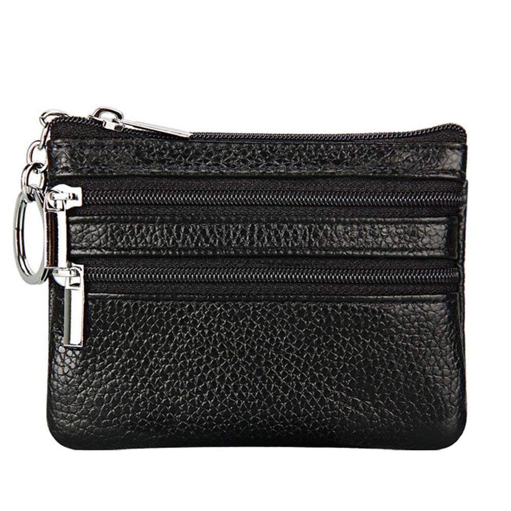 Women's Genuine Leather Coin Purse Mini Pouch Change Wallet with Keychain NEW Three Zipper Fashion Multicolor