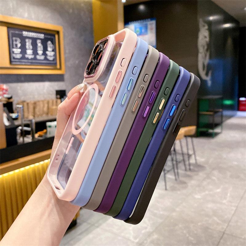 Funda magnética transparente con bisel de color de alta calidad de lujo para iPhone 15 Pro Max 14 Plus 13 12 11 Pro, cubierta completa con cubierta de película para lente