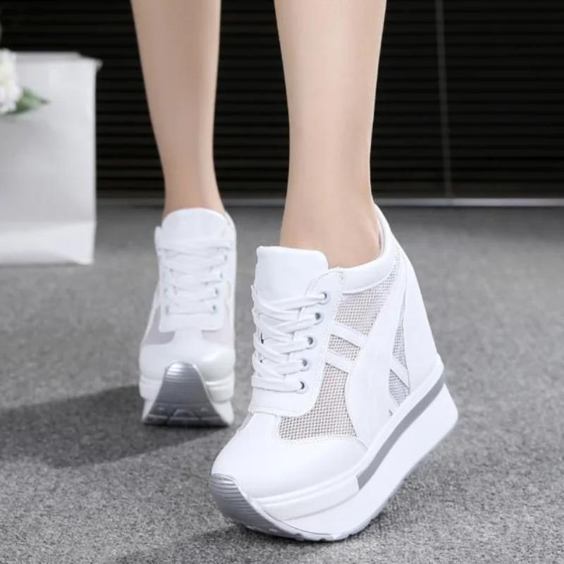 Fashion Women Platform Sneakers 2025 Summer Breathable Mesh Shoes Women Wedges Heels Casual Shoes 11 CM Thick Sole Trainers White Shoes