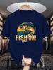 Unisex Navy Blue Tee Vintage Fishing Bass Fish Letter Graphic Print Crew Neck Short Sleeve Summer Casual Male Cotton Street Top