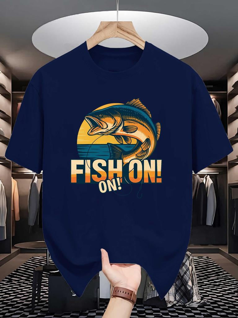 Unisex Navy Blue Tee Vintage Fishing Bass Fish Letter Graphic Print Crew Neck Short Sleeve Summer Casual Male Cotton Street Top