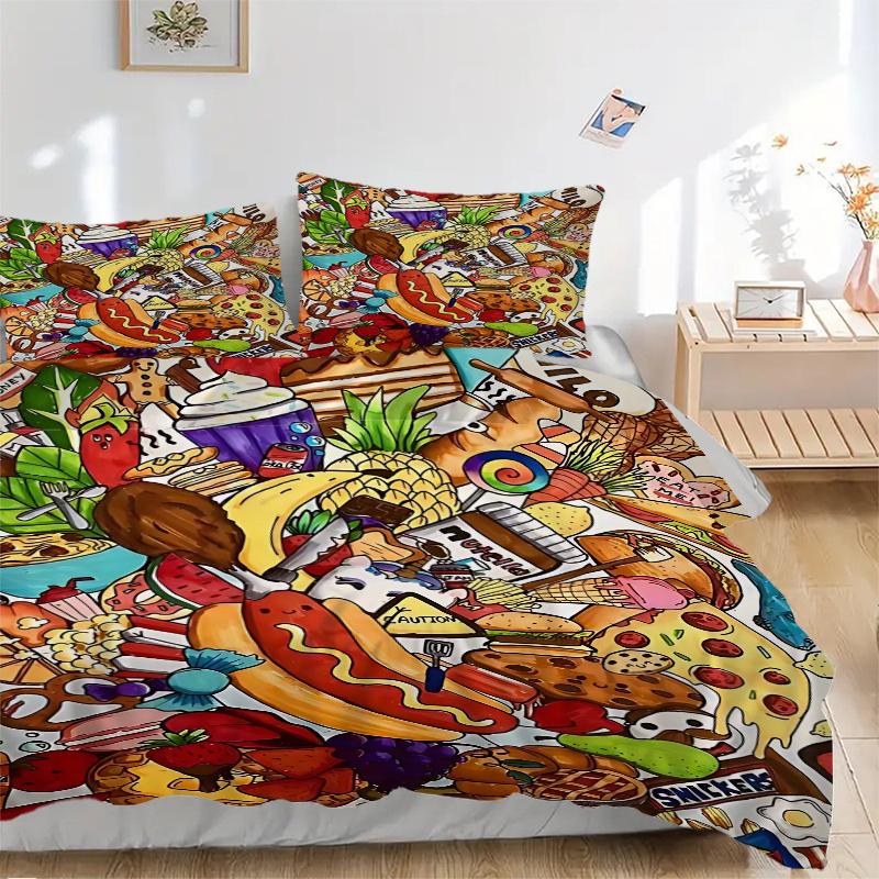 3pcs Anime Cartoon Food Themed Comforter Set with One Quilt Cover and Two Pillowcases (No Core), Perfect for Bedroom and Guest Room Decoration - Festi