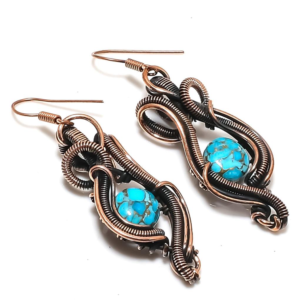 Blue Copper Turquoise Handmade Gemstone Earrings,  999 Copper Wire Wrap Earrings Antique Jewelry, For Engagement Gift