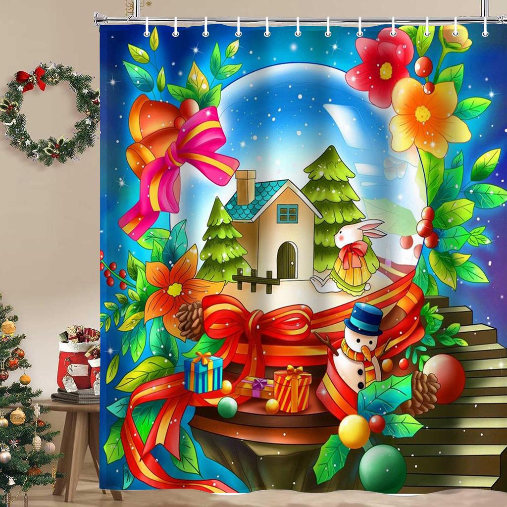 Christmas Tree Stocking Bells Print Bathing Curtain  Bathroom Shower Curtain With 12 Hooks Bathroom Home Decor and Accessories