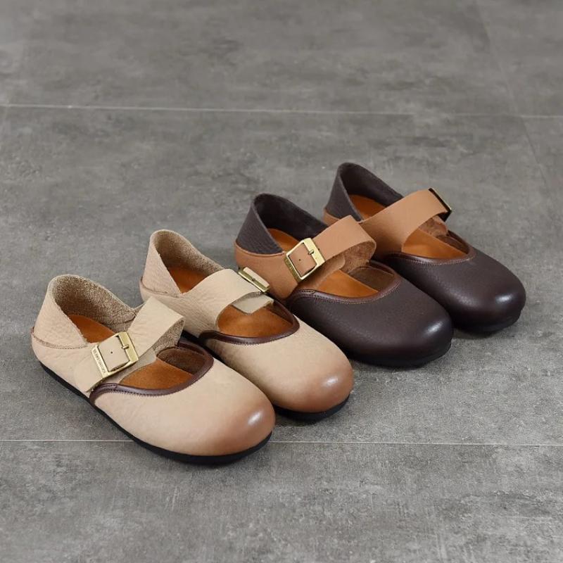 Johnature Retro Genuine Leather Soft Soled Shallow Women's Shoes Versatile Belt Buckle Round Toe Flat Shoes