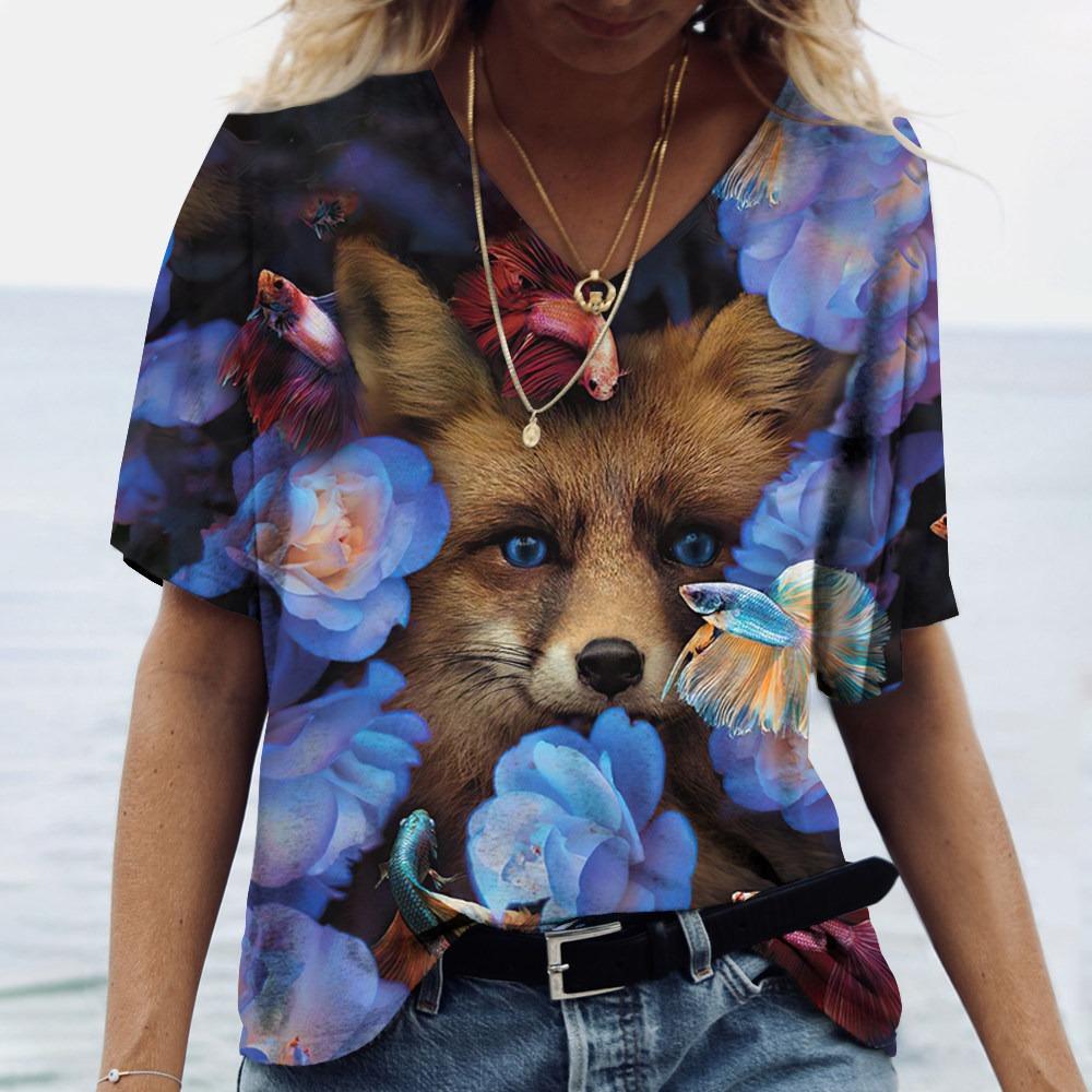 V Neck Tshirt Streetwear Y2k Clothes Women Summer Casual Oversize Dazzle Color Cats Print Shirt Short Sleeve Top Vintage Female