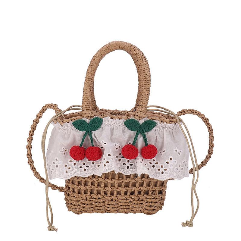 Fun And Whimsical Girls Woven Straw Shoulder Bag Featuring Cute Cherry Motif хаки