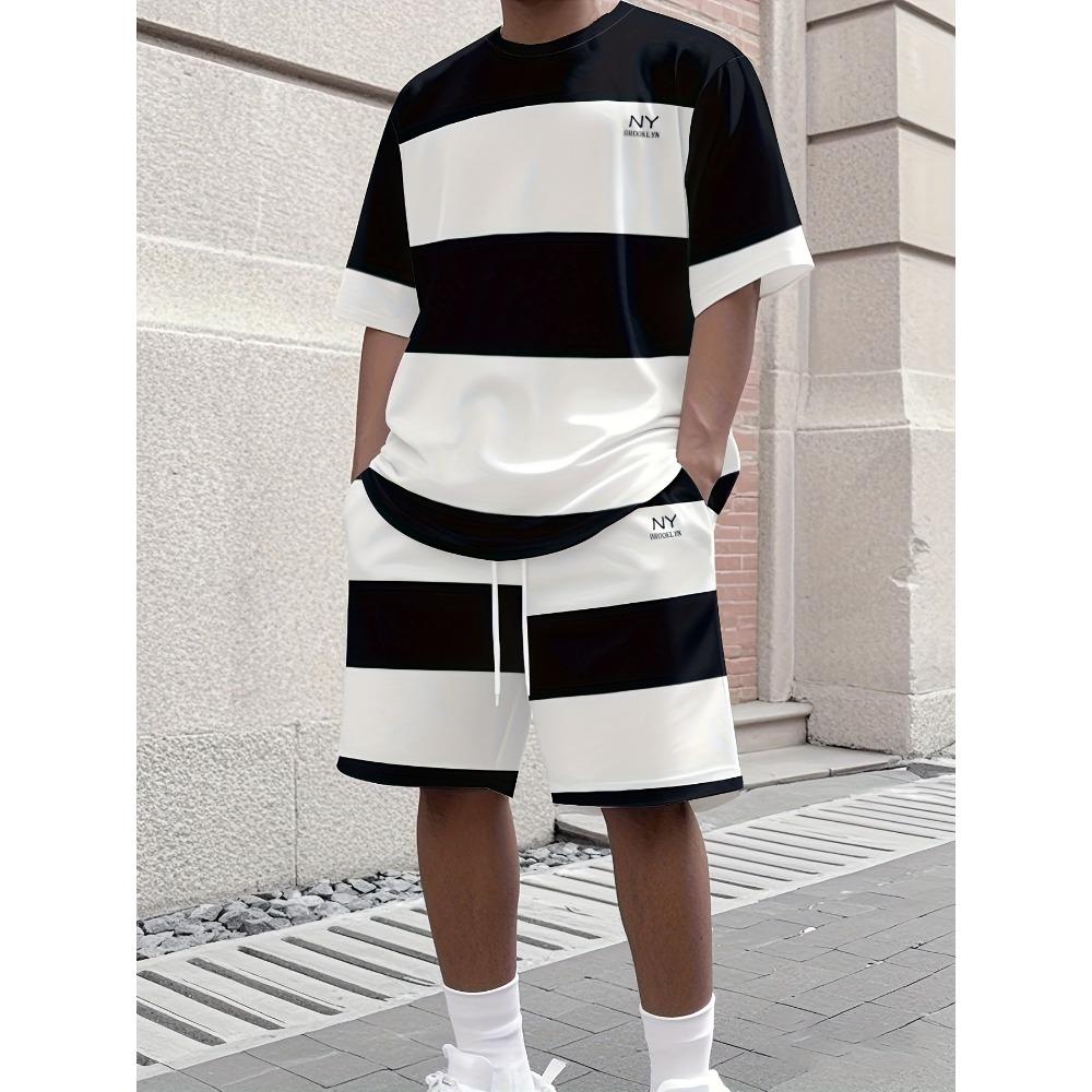 

Fashionable Men s Summer Striped Print Micro Elastic Breathable Round Neck T-shirt Shorts Set Outdoor Casual Two-piece Set 6XL