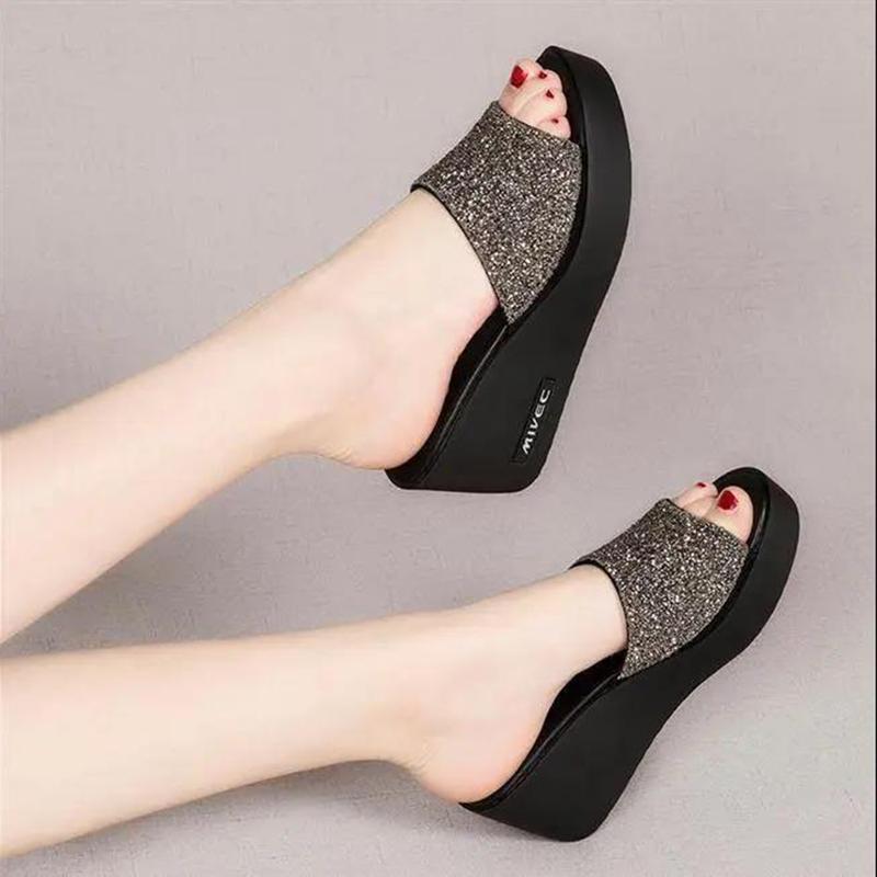 Vêtements d'extérieur Sandales compensées pour dames à semelles épaisses Tongs à talons hauts Chaussures à plateforme Sandales à talons hauts à bouche de poisson à paillettes noires