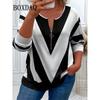 2025 Autumn Winter Sweatshirts Women Plaid Geometry Pattern Printed Long Sleeve Hoodies Casual Loose Zipper V-Neck Pullover Tops