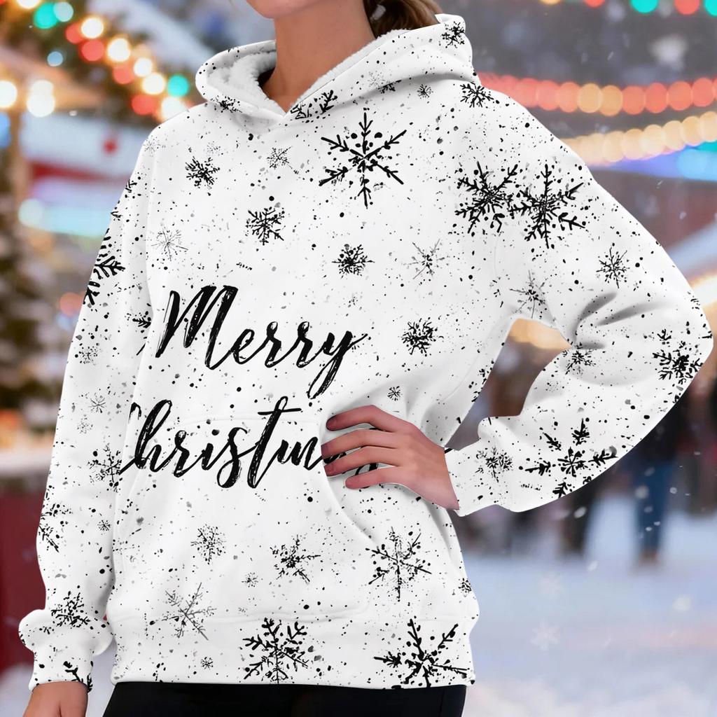 Women's Fashionable Casual Long-Sleeved Christmas Print Fleece-Lined Thick Hooded Sweatshirt