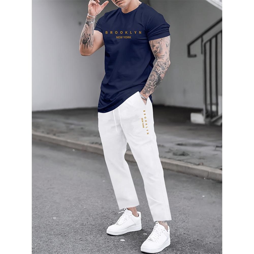 2 Piece Regular Fit Men's Jogger Pants Letter Printed Men's Short Sleeve T-Shirt Set Street Outdoor Casual Fashion Set