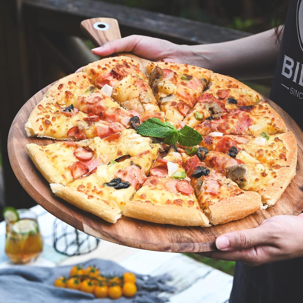 Round Cutting Small Leaf Acacia Wooden Cutting Pizza Kitchen Cutting Board with Natural Stylish Kitchen Lunch Bread Cutting Steak Outdoor X X Board,