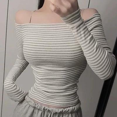 Elegant Korean One-Shoulder Striped Slim-Fit Cropped Long-Sleeve Top
