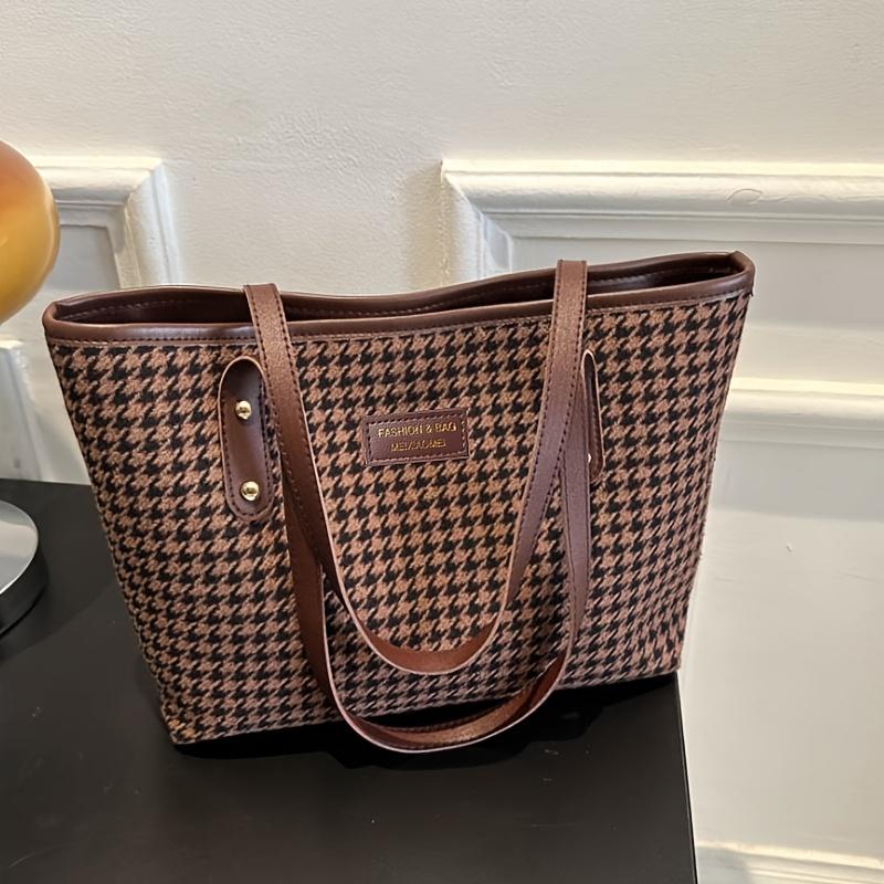 Casual Houndstooth Print Tote Bag, Large Capacity Shoulder Purse with Brown Leather Straps, Versatile for Everyday Work Outings