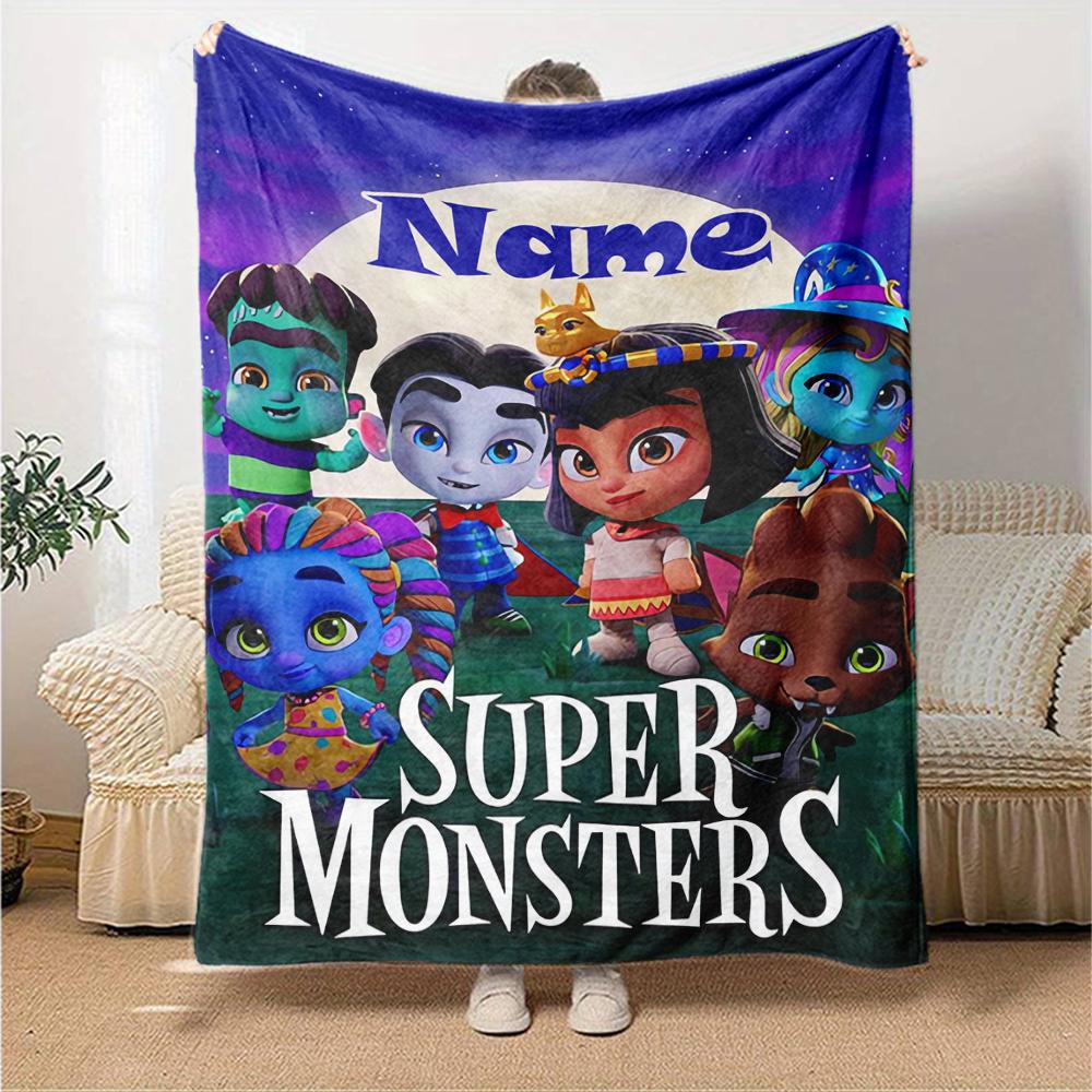 Custom Name Super Monsters Theme Printed Blanket - Perfect for Couch, Bed, Travel & Outdoor Use | Machine Washable, Cozy & Durable.