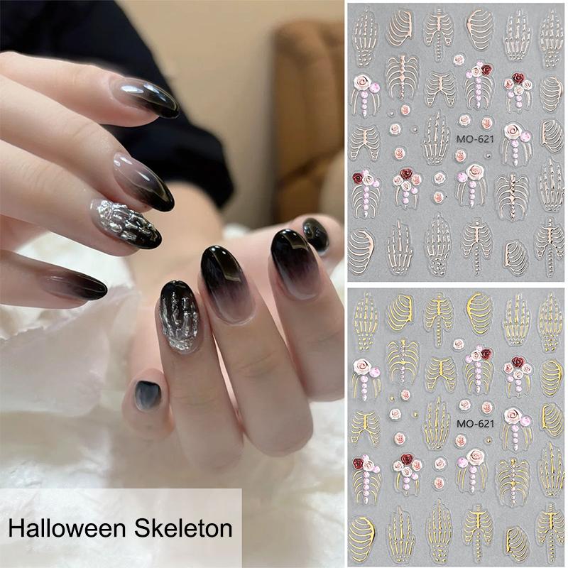 5D Halloween Christmas Nail Stickers Relief Skeleton Nail Decal Halloween Party Manicure Slider