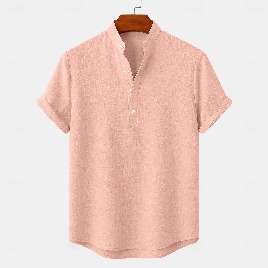 Men's Linen Shirts Short Sleeve Button Up Neck Stand Collar Casual Summer Home Daily Shirts