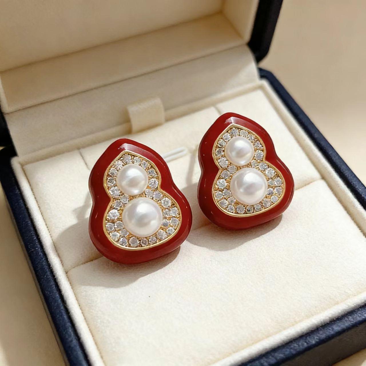 Elegant Chinese Micro-Inlaid Red Gourd Pearl Earrings for Women - Unique, High-End Jewelry