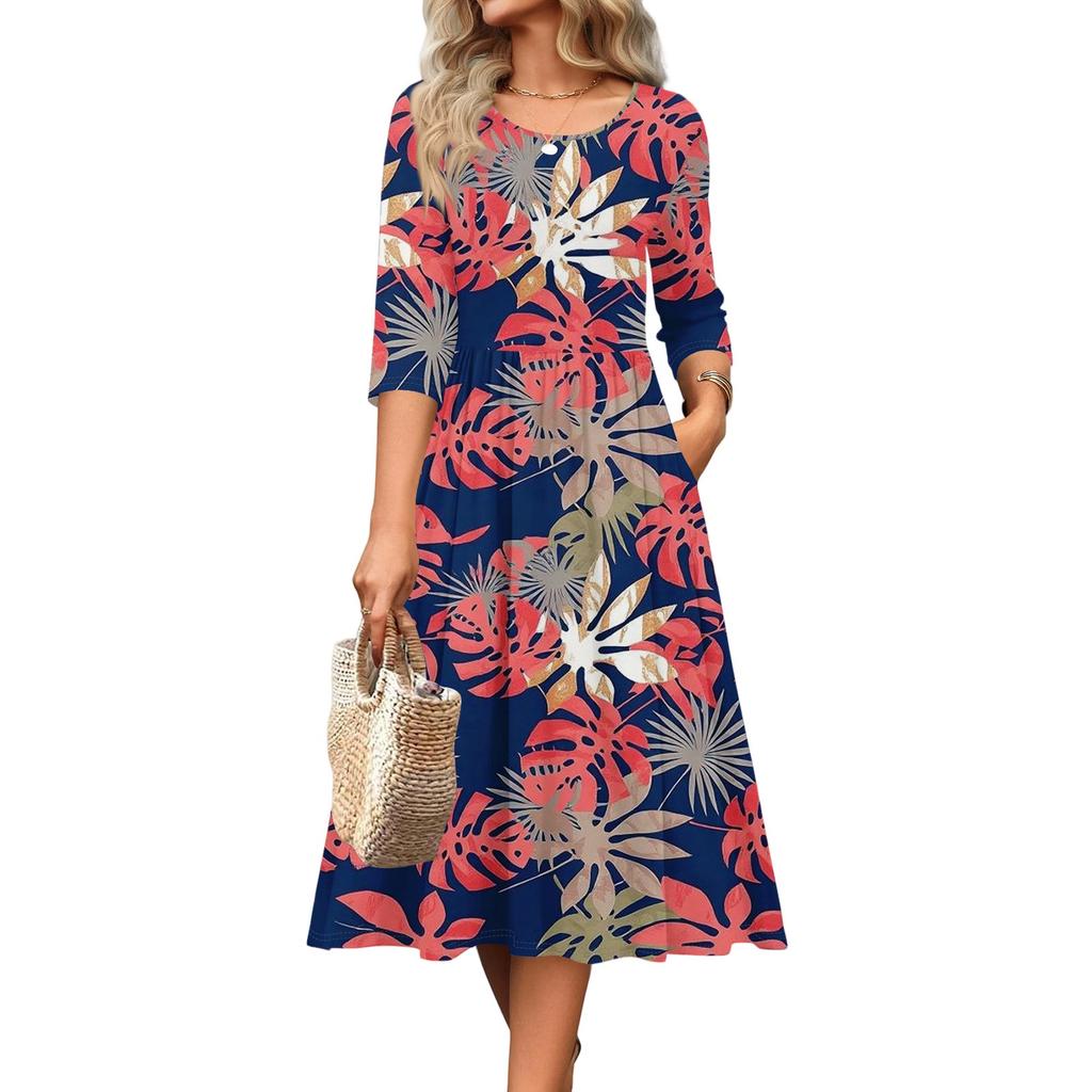 3/4 Sleeve Women's Dress Casual Flowy A-Line Midi Tshirt Dresses With Pockets Crewneck Vocation Boho Beach Sundress