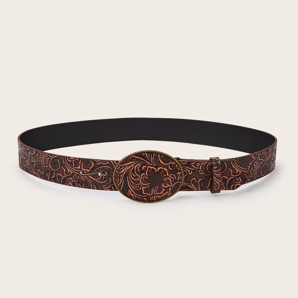 Fashion Retro Flower Pattern Oval Buckle Decoration Women Wide Belt For Daily