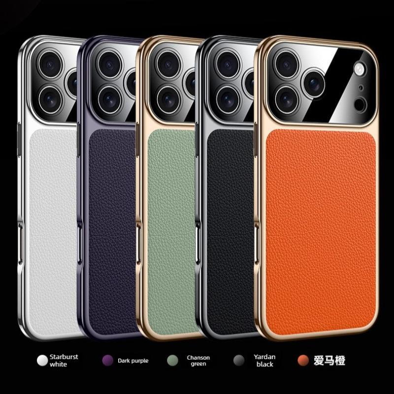 Luxury Gilt First Layer Cowhide Leather Case for iPhone 17 Pro Max Air 17Pro Fine Hole Lens Electroplating Soft Edge Back Cover