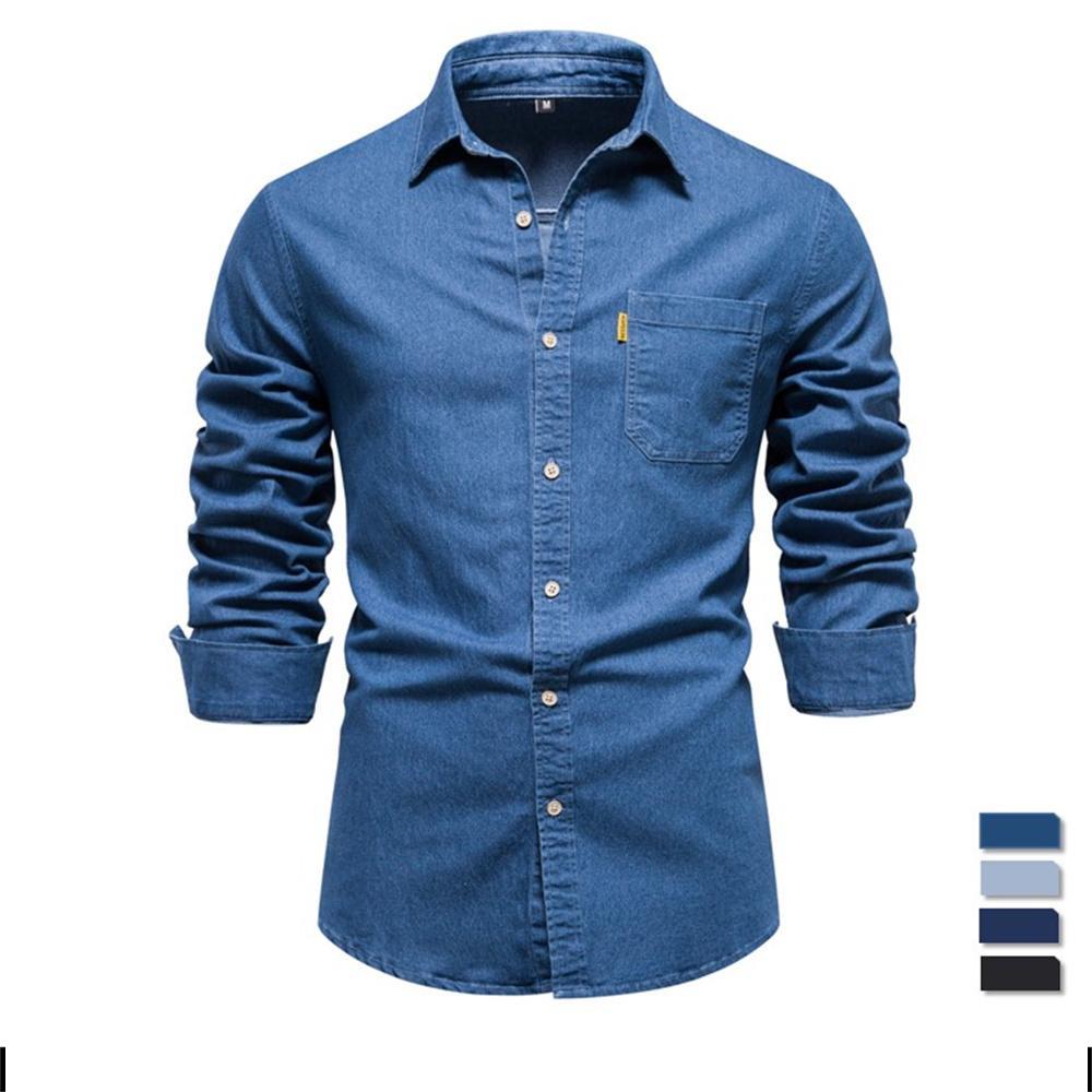 

Осенняя новая хлопковая мужская джинсовая рубашка, однотонная повседневная рубашка с одним карманом и длинным рукавом, осенняя джинсовая рубашка для мужчин