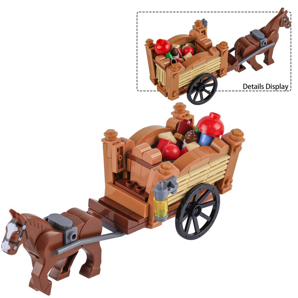 MOC Bricks War Medieval Carriage Building Blocks Knights Transport Cattle Cart Travelers Sachet Horse Chariot Prison Weapons Toy