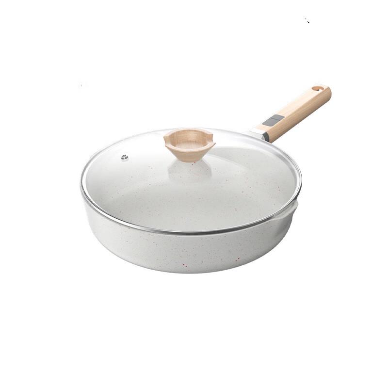 Yetele 24cm White Maifan Stone Non-Stick Wok with Lid