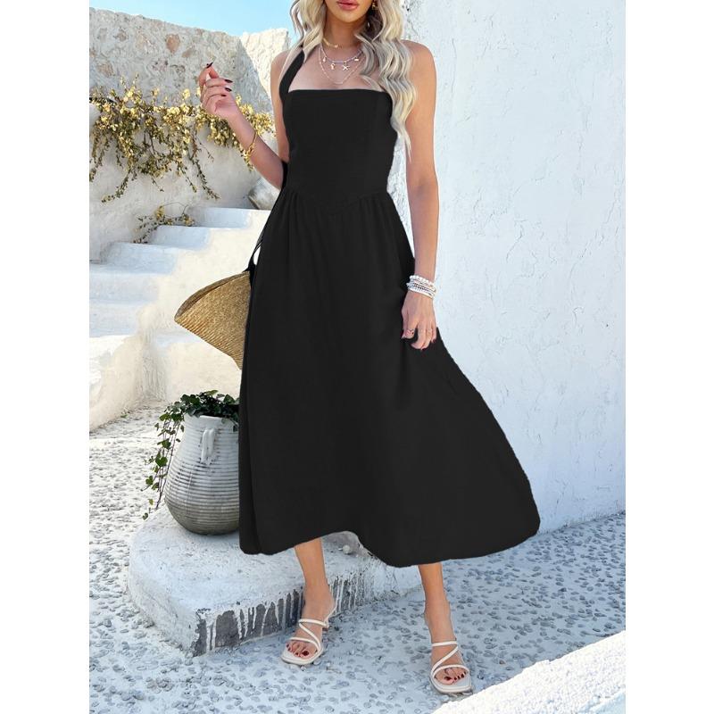 Women Vacation Style Solid Color High Waist Sleeveless Hanging Neck Long Dresses