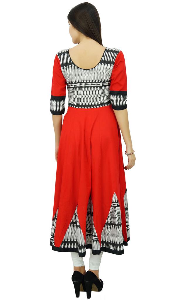 Bimba Women Long Flaired Kurti Red Cotton India Custom Clothing Designer Kurta Boho Chic