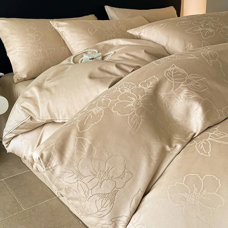 Light Luxury Satin Jacquard Solid Fitted Sheet Sets Pure Cotton Skin-Friendly Soft Quilt Cover 1.5/1.8M Bed Bedding for Adults
