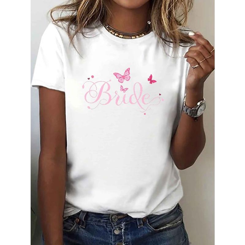 

Women s Pink & Bride Print T-Shirt - Short Sleeve Crew Neck Blouse-Compatible Top | Machine Washable Wedding Guest Outfit, S белый