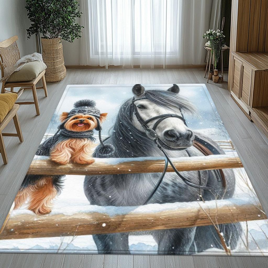 Pferd und Hund Winter Szene Teppich Haustierliebhaber Künstlerische Fußmatte Gemütliches Wohnzimmer Dekor Tier Thema Weicher Plüschteppich