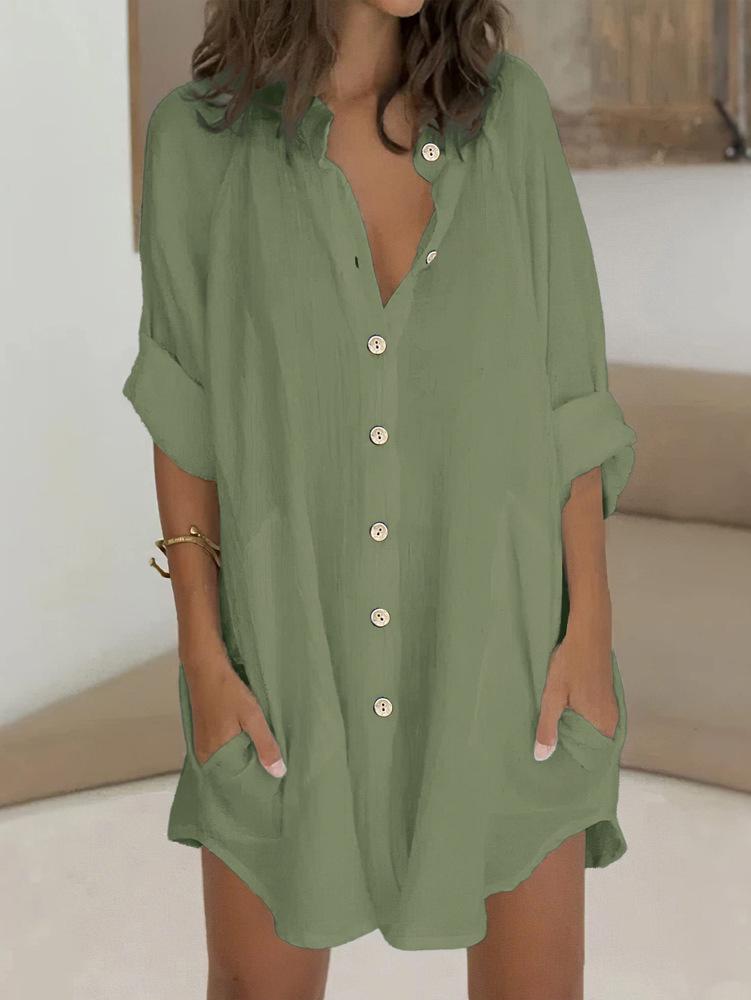 Cotton & Linen Row Button Plus Size Women's Mid-Length Short-Sleeve Loose Shirt