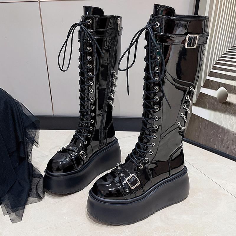 Mode Plateau Damen Lange Stiefel Flats Designer Schnürschuhe Mode Winter Kniehohe Stiefel 2025 Kleid Neu Goth Chelsea Botas De Mujer