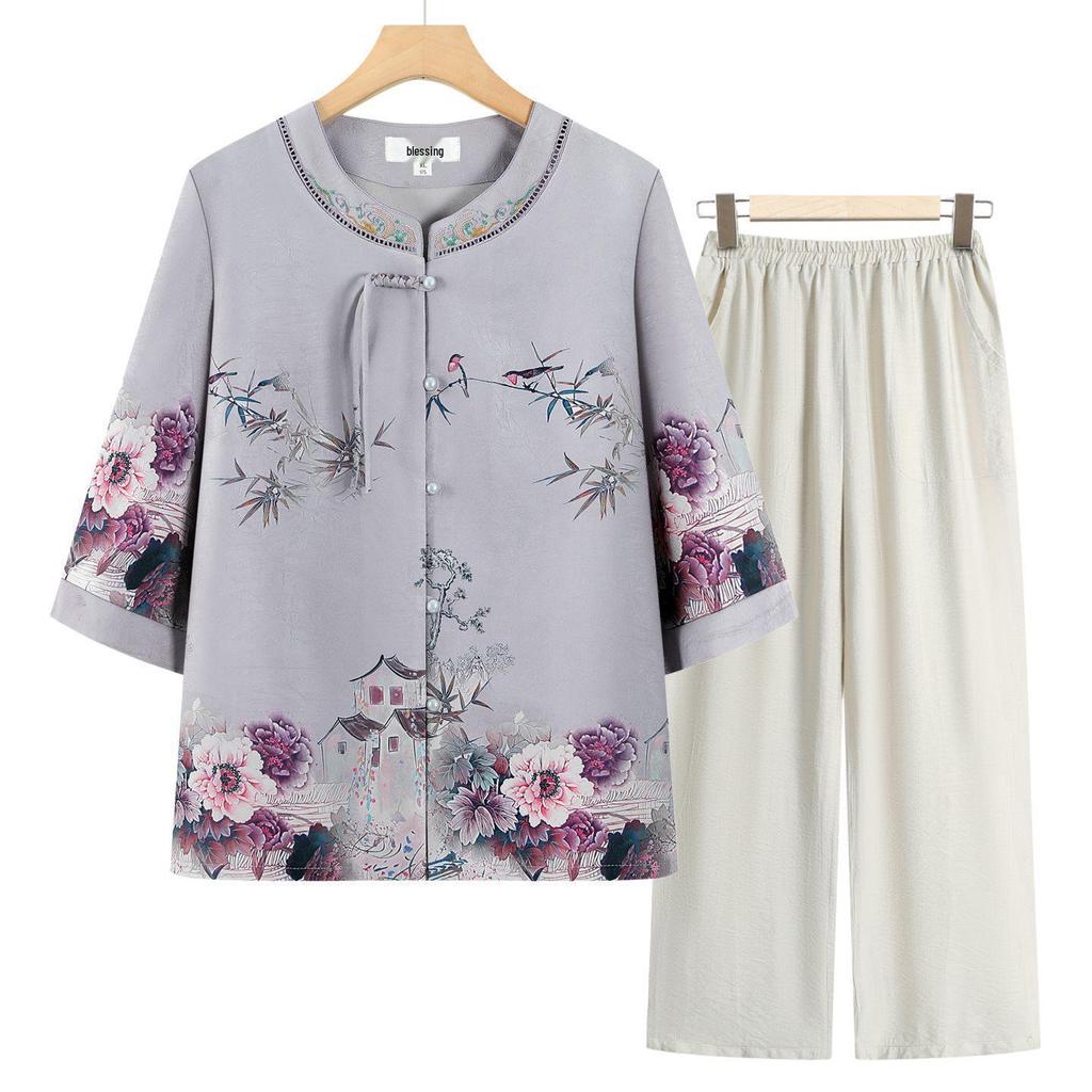 Stylish Summer Set for Women: Chinese-Inspired Short-Sleeve Top and Pants for Middle-Aged and Elderly Ladies
