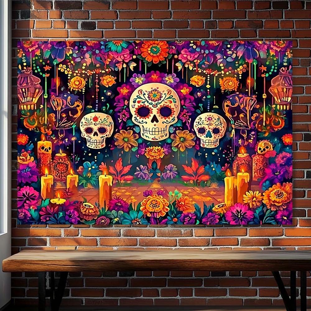 1PCS Vibrant Day of the Dead Sugar Skull and Flower Tapestry - Colorful Day of the Dead Design 150X100