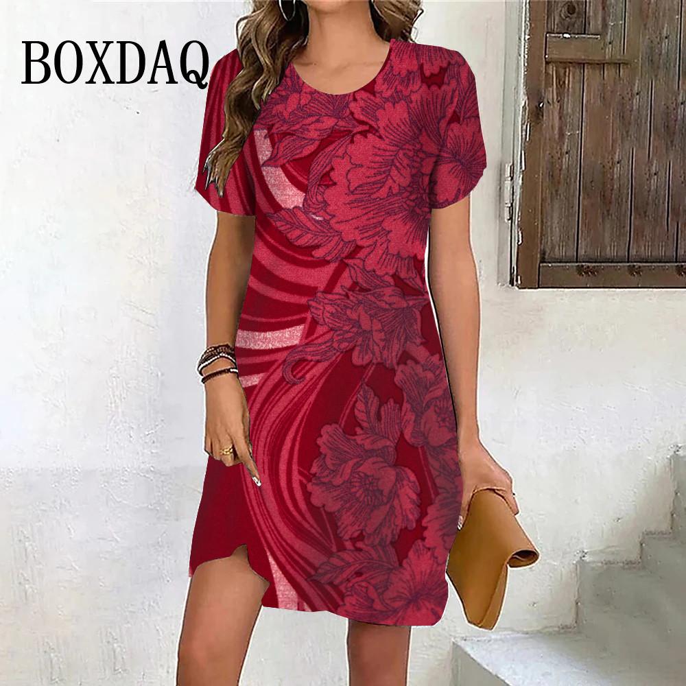Red Flower Print Summer Retro Dress Women Short Sleeve Dress Casual Ladies Clothes S