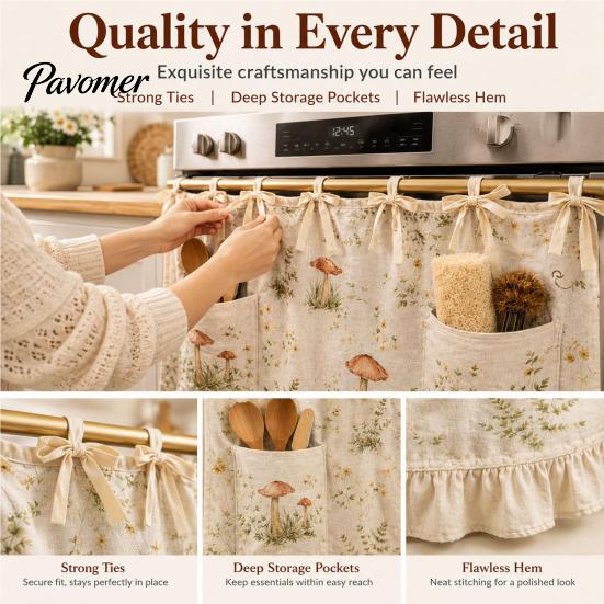 Sunshade Curtains for Kitchen Oven Curtain with Pockets, Dustproof Durable Polyester Hanging Drape, Window Valance Easy Wash Decorative Shade