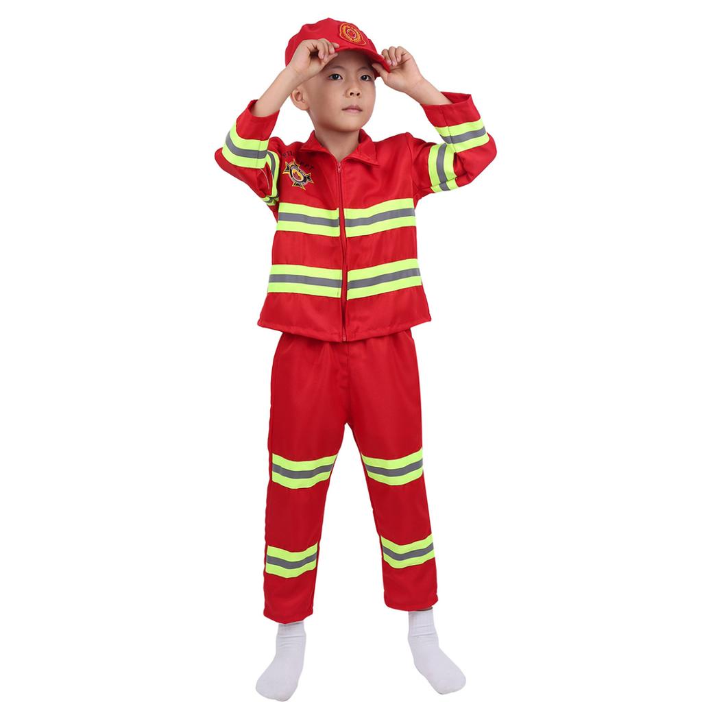 Kids Fireman Costume Set Girls Boys Firefighter Cosplay Fancy Dress Up Thick Jacket Coat With Pants Hat Set