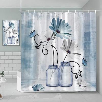 Watercolor Floral Shower Curtain Wooden Butterfly Daisy Rustic Blue Flower Farmhouse Wooden Vintage Farm Bathroom Decoration