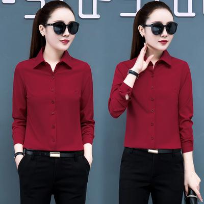 Frauen Frühling Herbst Koreanische Schwarz Rot Tops Damen Langarm Büro Revers Kragen Chiffon Hemd