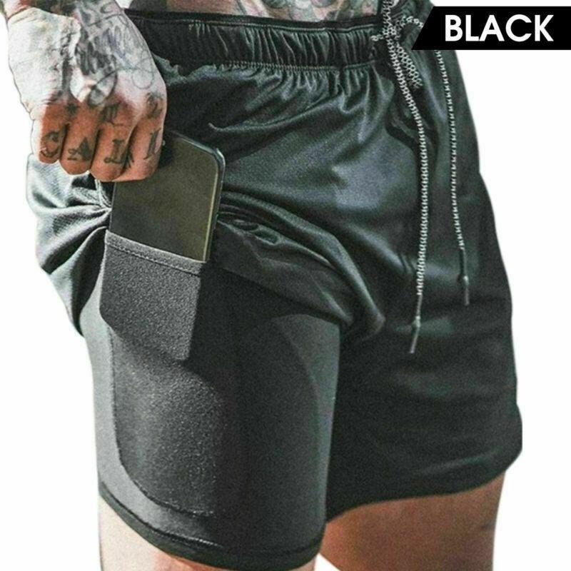 Mens Sports Gym Running Shorts Dual Layer Drawstring Quick Dry with Pocket Pants