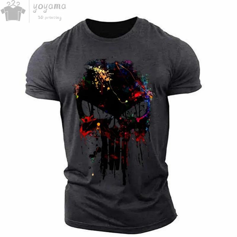 Men Sports Casual O-Neck T-Shirt, Military Patriotic Skull Print Oversized Short Sleeve Tops