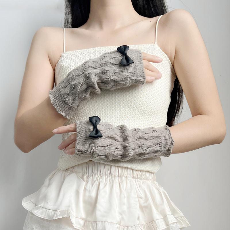 Sweet Cute Bow Knitted Arm Warm False Sleeves Cover Long Elastic Fingerless Gloves Hand Protector Lolita Cosplay Accessories