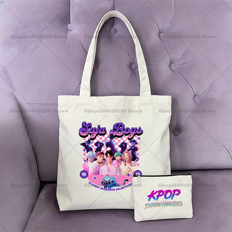 2pcs KPop Demon Hunter Handbag Coin Purse Girl Bag Shopping Canvas Shopper Tote Wallet Shoulder Lady Bags Women Gift Kid Friendly Entertaining Fun