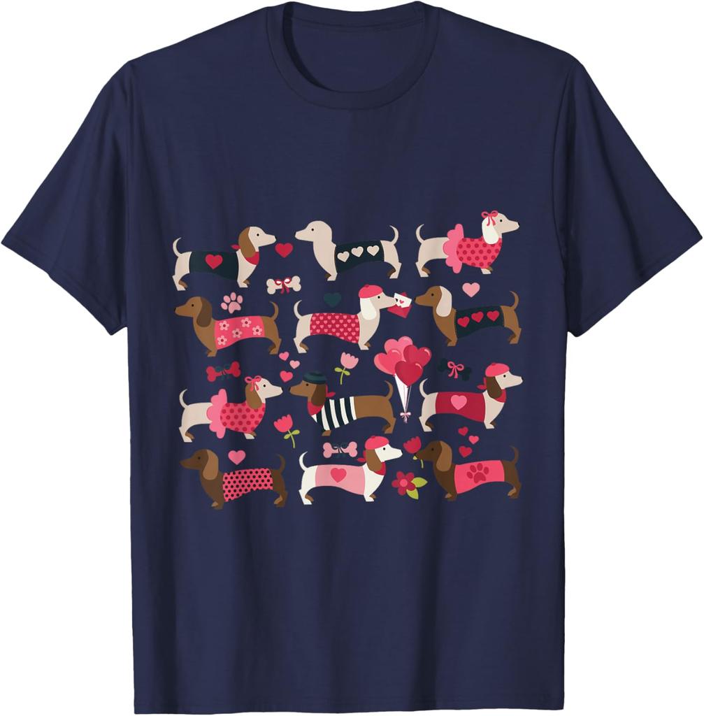Dachshund Weiner Dog Valentine Heart Print Graphic T-Shirt Casual Daily Crewneck Tee