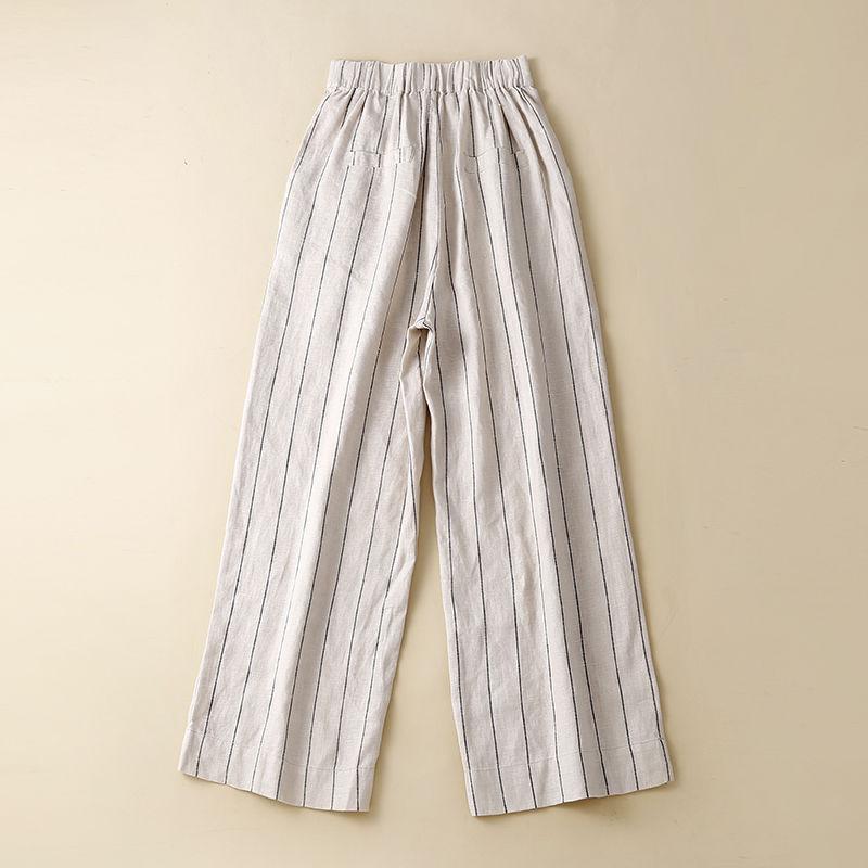 Blazer Cotton Linen Striped Wide Leg Pants Women's Summer High Waist Slimming Straight Linen Nine-Tenths Pants