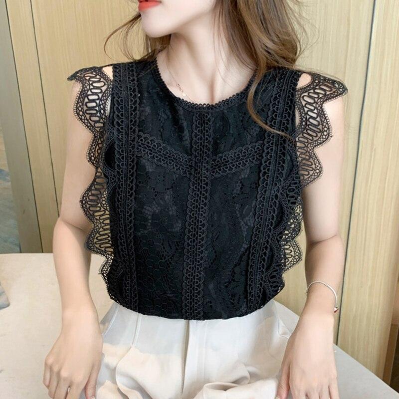 Elegant motekrok Blomst hule klær Koreansk Stilig ermeløse hvite topper Sommer blonder dameskjorte og bluser Blusas 26616